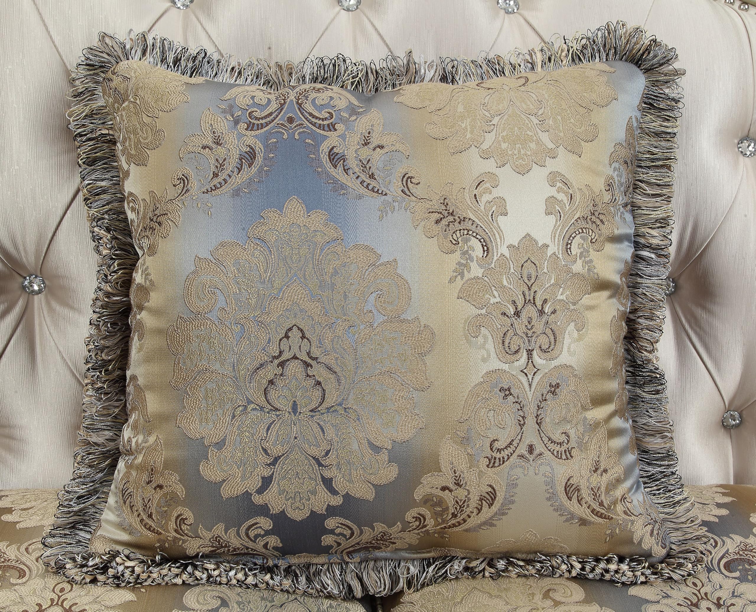 Acme Gorsedd Sofa with 5 Pillows in Cream Fabric and Golden Ivory